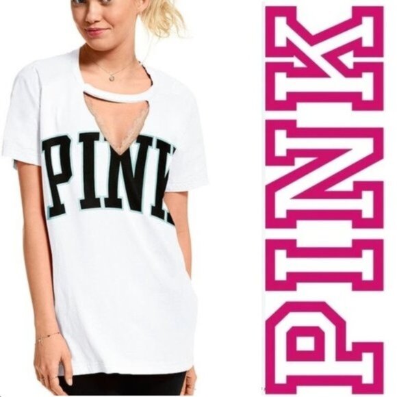 PINK Victoria's Secret Tops - Victoria's Secret PINK | White Logo Cut Out Campus Crew Tee | Size Medium